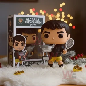 Vinyl style tennis themed figure holding a trophy and racket next to its display box.