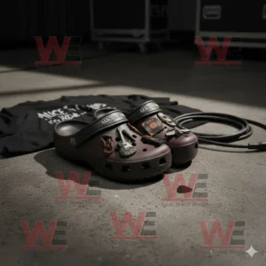 Alice In Chains Crocs Clogs with Charms 6 Dark Crocs with Alice In Chains logo and charms on concrete stage floor with cable!