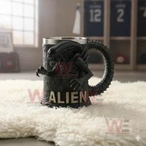 A black alien creature mug with a long tail handle displayed on a white rug in a sports room setting!