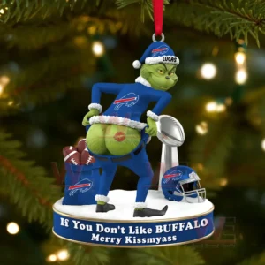 Grinch Buffalo Bills Christmas ornament showing a funny pose and message If You Dont Like Buffalo Merry Kissmyass!