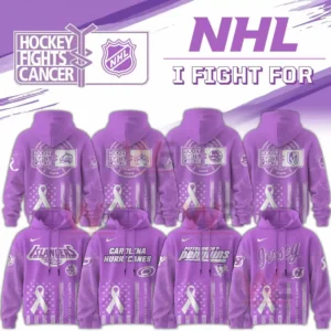 Purple hoodies featuring NHL team designs such as Islanders Hurricanes Penguins and others supporting the Hockey Fights Cancer initiative!