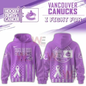 A purple hoodie showing Vancouver Canucks text and logo along with Hockey Fights Cancer emblems and a white ribbon of hope!