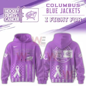 Purple hoodie featuring Columbus Blue Jackets text and logo combined with Hockey Fights Cancer designs for cancer awareness!