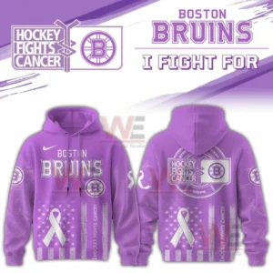 Purple Boston Bruins hoodie showing Hockey Fights Cancer logos and a white awareness ribbon to support cancer fighters!