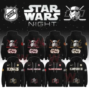 Black Star Wars Night hoodies combining NHL team branding with Star Wars visuals such as Stormtrooper helmets and hockey themed designs!