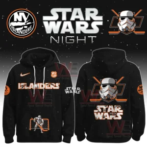 A black Islanders Star Wars Night hoodie displaying team logo combined with Star Wars imagery and NHL branding!