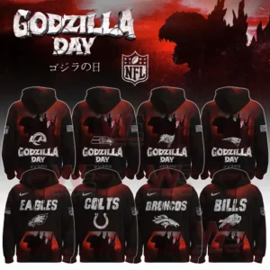 NFL Godzilla Day hoodies featuring various team logos with red and black backgrounds and Godzilla silhouette.