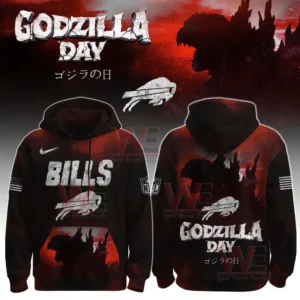 All Team NFL x Happy Godzilla Day Hoodie 11 Buffalo Bills Godzilla Day hoodie with team logo and Godzilla shadow in red and black tones.