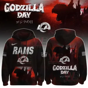 All Team NFL x Happy Godzilla Day Hoodie 12 Los Angeles Rams Godzilla Day hoodie featuring team logo and Godzilla backdrop.