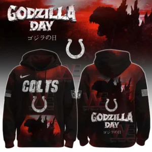 All Team NFL x Happy Godzilla Day Hoodie 13 Indianapolis Colts Godzilla Day hoodie with team logo and Godzilla silhouette on a red and black background.