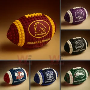 Rugby balls made of building block patterns featuring various nrl team logos.