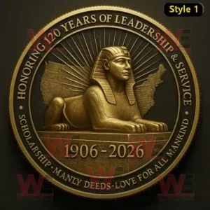 A golden commemorative coin with a Sphinx and rays emanating from behind, representing the celebration of 120 years of leadership and service from 1906 to 2026.