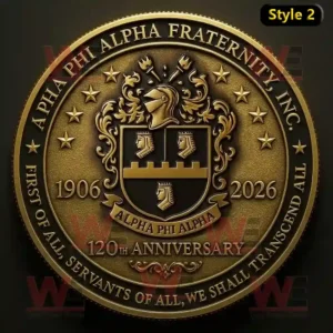A golden coin displaying the Alpha Phi Alpha Fraternity crest, surrounded by stars and anniversary inscriptions marking 120 years from 1906 to 2026.