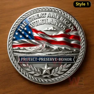 A silver coin with a waving flag mountain landscape and a message supporting the protection of American wildlands!