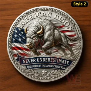 A detailed coin featuring a charging bison over a waving flag with text honoring the spirit of the American bison!