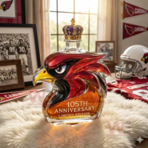 A glass bottle shaped like a cardinal head standing on a fluffy surface surrounded by Arizona Cardinals sports items!