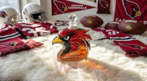 A decorative bottle shaped like a cardinal head placed on a furry surface with various Cardinals items in the room!