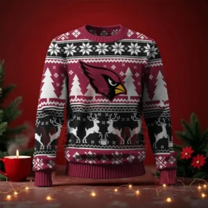 Arizona Cardinals Christmas sweater front view with logo and holiday themed patterns of trees and reindeer!