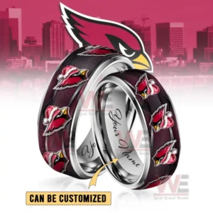 A pair of Arizona Cardinals-themed Christmas silver tungsten rings with the team's logo and festive touches. These rings can be customized with personal details.