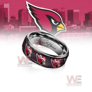 A close-up of a personalized Arizona Cardinals Christmas-themed silver tungsten ring, showcasing the team logo and the space for engraving a name.