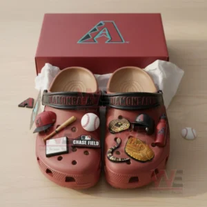 Arizona Diamondbacks Crocs with various baseball-related charms in a red display box.