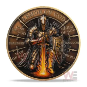 A front view of a metal coin featuring a knight in armor with glowing sword and shield surrounded by faith words!