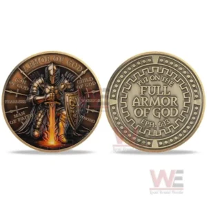 A view of the coin front with a knight and the coin back with a message about the armor of God!