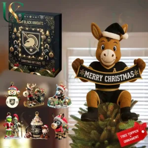Army Black Knights 2025 Christmas gift box with mascot tree topper and themed ornaments displayed in a holiday setting!