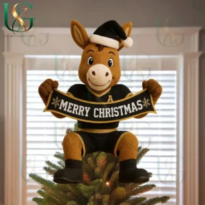 Army Black Knights Christmas Tree Topper With Ornament 14 Army Black Knights mascot Christmas tree topper with black and gold outfit holding Merry Christmas banner!