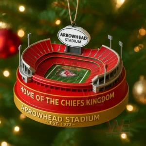 Miniature Arrowhead Stadium Christmas ornament featuring red seats, Chiefs logo field, and hanging from a Christmas tree branch!
