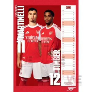 Arsenal FC 2026 Wall Calendar 4 Two athletes in red uniforms standing next to a vertical monthly calendar grid on a red background!