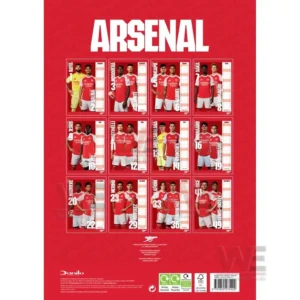 Arsenal FC 2026 Wall Calendar 5 A collection of small framed athlete images arranged in rows on a red background!