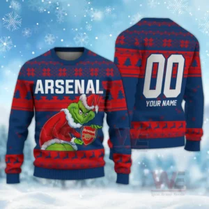 Front and back view of a red and blue arsenal christmas sweater with a green santa character and customizable details.