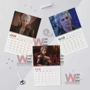 Astarion Baldur's Gate 3 2026 Calendar 6 Three calendar pages featuring a silver haired fictional character above monthly date grids arranged on a neat desk surface!
