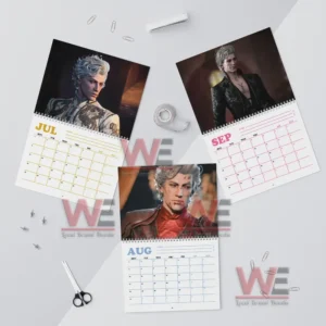 Astarion Baldur's Gate 3 2026 Calendar 8 Three calendar pages showing a silver haired fictional character in decorative attire positioned above monthly calendar sections!