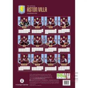 Aston Villa FC 2026 Wall Calendar 4 A collection of twelve monthly athlete panels arranged in rows on a maroon background!