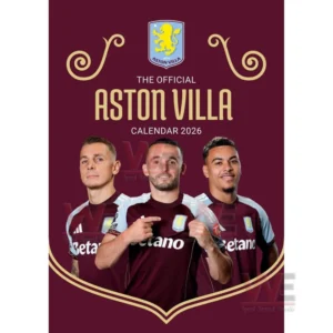 Aston Villa FC 2026 Wall Calendar 5 Three athletes in maroon and light blue uniforms posed in front of a maroon background with decorative gold details!