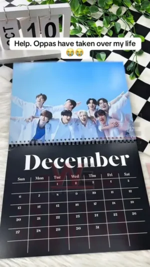 ATEEZ calendar December page with a bright cheerful group photo in white and blue tones!