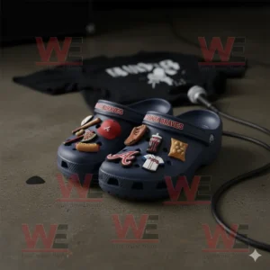 Atlanta Braves MLB Crocs Clogs With Charms 6 Atlanta Braves Crocs with baseball and snack charms on stage floor near microphone!