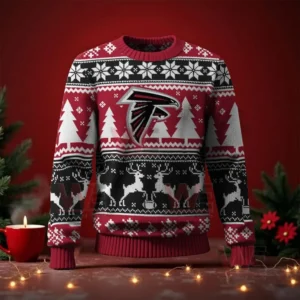 Atlanta Falcons NFL Christmas Ugly Sweater 2025 3 Atlanta Falcons Christmas sweater front view featuring the team logo with Christmas patterns of trees snowflakes and reindeer!