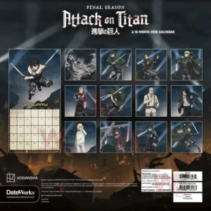 Attack on Titan 2026 Wall Calendar 8 A collection of character portraits arranged in rows with a sample calendar page on the left!