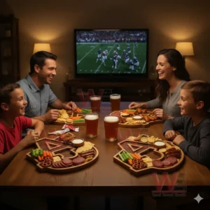 Auburn Tigers Heritage Platter Board 3 A family enjoys assorted snacks on shaped wooden trays while watching a game on a screen!