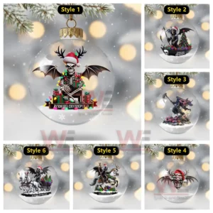 A set of six Avenged Sevenfold themed Christmas ornaments shown in various fantasy designs arranged in a grid layout against a snowy holiday background!
