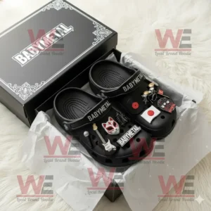 Babymetal Crocs Clogs with Charms 6 Black Babymetal Crocs with rock and Japan themed charms held outdoors on wooden table!