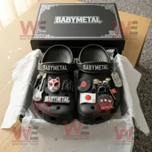 Babymetal Crocs Clogs with Charms 8 Black Babymetal Crocs with music themed charms worn on wooden floor near box!