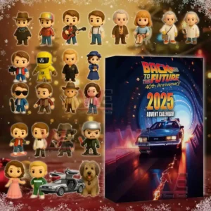 A group of small collectible figures is arranged beside a decorated holiday box featuring a glowing tunnel and a silver time machine car on its cover!