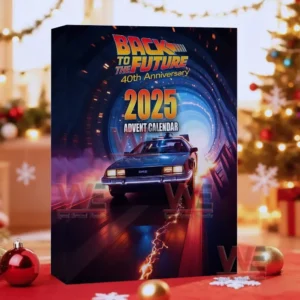 A brightly illustrated box with a futuristic car design sits on a holiday table with blurred lights and ornaments in the background!