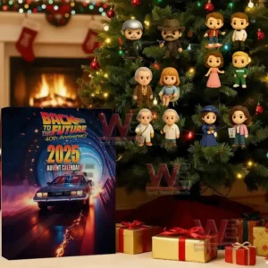 A holiday tree decorated with small collectible figures stands above a themed box with a futuristic car design and wrapped gifts!