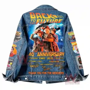 Back view of a denim jacket featuring a large printed scene of three western styled characters and several themed patches!