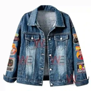 Front view of a denim jacket featuring multiple themed patches on the sleeves and a plain central area!
